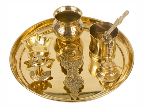 Spillbox Brass Puja Plate Thali Set (8 Pieces)